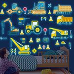 Glow in The Dark Construction Vehicles Wall Stickers Transport Cars Theme Fluorescent Stickers Peel and Stick Road Signs Truck Wall Art Decals for Kids Boys Bedroom Playroom Baby Nursery Blue