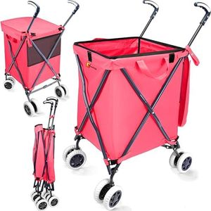 Wellmax WM99100 Series Folding Shopping Cart with Wheels, Grocery Cart with Removable Canvas with Cover, Lightweight Utility Cart for Groceries and Laundry - Holds up to 120 lbs (Pink)