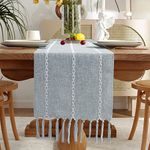 Wracra Cotton Linen Table Runner Farmhouse Style Dusty Blue Table Runner 230cm with Hand-tassels for Party, Dining Room Decorations Dessert Table Decor(Dusty Blue, 230cm)