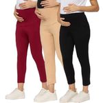 Evamomies Women's Cotton Lycra Maternity Leggings for Pregnant Women Pre & Post Pregnancy (in, Alpha, L, BlackSkinMaroon)