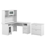 Bush Furniture Cabot 60W L Shaped Computer Desk with Hutch and Lateral File Cabinet, White