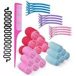 Rollicky Hair Rollers Set (32Pcs) - 18 Self Grip Velcro Hair Rollers for Long & Short Hair Volume & Styling (44+30+25mm), 12 Duckbill Hair Clips, 1 Braider & 1 Comb