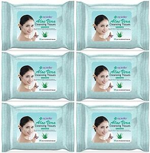 Epielle New Assorted Makeup Remover Cleansing Wipes Tissue (Oil free and hypoallergenic) - 30ct (Sheets) per pack, Aloe Vera 6 Pack