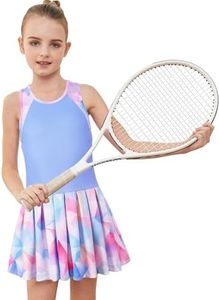 MODAFANS Girls Tennis Golf Dress Sleeveless Athletic Pleated Outfits Sets with Shorts PowderBlue Geometry,12-13years