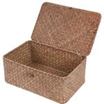 FEIALNDUO Wicker Shelf Baskets with Lid,Seagrass Storage Basket Bins Rectangular Handwoven Basket Boxes for Shelves Desktop Home Organizer (Coffee, Medium)