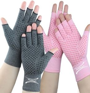 2 Pairs Arthritis Gloves for Pain Relief, Compression Gloves for Arthritis, Carpal Tunnel, Osteoarthritis, Joint, Typing, Driving, Fingerless Hand Gloves for Women Men (Grey1+Pink1, Medium)