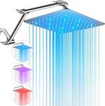 PinWin Shower Head, 10'' LED Rain Shower Head with 16'' Adjustable Extension Arm, Rainfall Style Water Spray, LED Shower Head Water Temperature Controlled Color Changing,Chrome