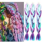 Jumbo Braiding Hair Fiber Mix Four Silky Colorful Twist Braiding Hair 3pcs Rainbow Colors Extensions Kanekalon Synthetic Hair Blue-Light Purple-Pink Synthetic Fiber Soft Healthy (24 Inch 3pcs)