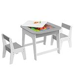 COSTWAY Kids Table and Chairs Set, Wooden Toddler Activity Table Set with Double-Sided Tabletop and Hidden Storage, 3 PCS Children Furniture Set for Learning Drawing Eating (Grey+White)