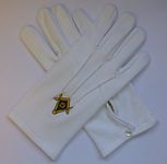 Masonic White Gloves with Embroidered Black/Gold Square & Compass - 100% Heavy Cotton (Medium)