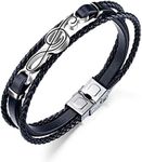 AIZU Mens Leather Music Bracelet, Handmade Black Multi-Layer Cowhide Braided Wristband 8.3 Inches Treble Clef Jewelry