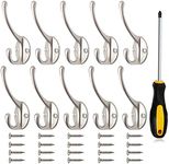 Coat Hooks Wall Mounted 10 Pack Heavy Duty with Screws and Screwdriver, Utility Retro Dual Hooks for Coat Clothes Hat Bag Robe Towel Key Cap (Matte Nickel)