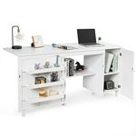 DORTALA Folding Sewing Table, Large Size Craft Cart with Storage Shelves and Lockable Casters, Rolling Craft Station Sewing Table for Apartment Home, Portable Storage Cabinet for Small Space, White