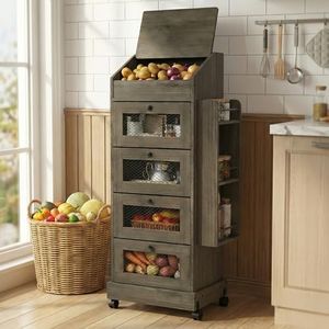 ARTETHYS Potato and Onion Storage Bin for Pantry 5-Tier Rolling Fruit and Vegetable Organizer with Spice Rack on Wheels Movable Large Bread Box Cabinet with 4 Ventilated Drawers for Kitchen, Gray
