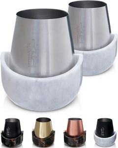 Gusto Nostro White Marble Wine Chiller for Glass and Stainless Steel Tumbler Set of 2 - Freezable Wine Glass Chiller Holder - Cool Set of Chillers and Stemless Metal Wine Tumblers for HomeBar (Silver)