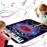 QShark 2 in 1 Kids Music Learning Toys for Boys Girls, Drum Set + Piano Mat | Record & Playback, Built-in Songs, 8 Instrument Sounds, 24 Keys, Christmas Birthday Gifts for Toddler 3 4 5 6 7 8 Years