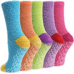 MQELONG Slipper Socks for Women Cozy Hospital Socks Soft Fluffy with Grips Socks Warm Fuzzy Socks Non Slip Grip Socks, 5 Pairs Mix Color Block, 5-10