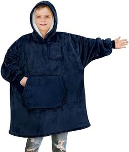 PAVILIA Wearable Blanket Sweatshirt Kids Boy Girl, Warm Cozy Giant Hoodie with Big Pocket and Long Sleeves, Fleece Sherpa Oversized Hooded Blanket Pullover Gift for Teens Youths, Navy