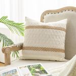 Mayler Yee Throw Pillow Covers 18 x 18 Inch 1PC for Farmhouse Living Room, Cotton & Burlap Textured Striped Woven Boho Pillow Covers (Beige & Brown, Double Striped)