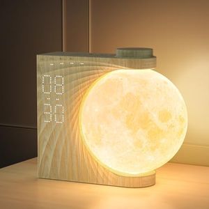 RETEYUNG Lampe Lune 3D Rotative, Réveil Lumineux avec Double Alarme, Éclairage RGB 8 Couleurs, 10 Sons Naturels, Lampe de Chevet à 3 Niveaux de Luminosité pour Chambre et Salon.（rotation automatique）
