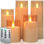 Fo32won Amber LED Flameless Pillar Candles Battery Operated with Remote and Timer, Set of 5 (D 3"×H 4" 5" 6" 8" 8") Plexiglass LED Flickering Candles with 3D Flame