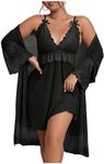 GORGLITTER Women's Plus 2 Piece Robe Pajamas Set Lace Cami Nightgown and Robes Nightwear Black 4XL