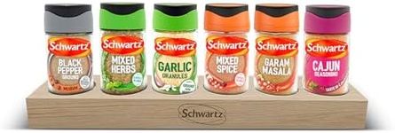 Schwartz Wooden Spice Rack | Modern Beech Wood Design | Space-Saving Kitchen Organiser with 6 Herbs and Spices Jars | Convenient for Countertop or Cupboard Storage