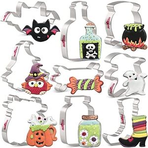 LILIAO Halloween Cookie Cutter Set - 9 Piece - Bat, Ghost, Witch Shoes, Candy, Owl, Poison Bottle, Jar, Pumpkin Cup and Witch Cauldron Fondant Biscuit Cutters - Stainless Steel - By Janka