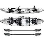 Elkton Outdoors Hard Shell Fishing Tandem Kayak, 2 or 3 Person Sit On Top Kayak Package with 2 EVA Padded Seats, Includes 2 Aluminum Paddles and Fishing Rod Holders (Grey)
