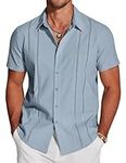 COOFANDY Mens Short Sleeve Cuban Guayabera Shirt Casual Summer Beach Button Down Shirts Blue