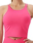 THE GYM PEOPLE Women's Cross Back Sports Bra Halter Neck Workout Crop Tank Tops with Removable Pads Bright Pink