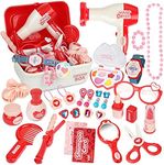 Pretend Makeup Sets for Girls, Role Play Toy Box Play Jewellery Cosmetics Kits Princess Dress Up Hairdressing Set with Portable Case Gifts for 3 Year Olds Girls(28PCS)