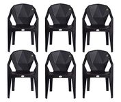 PETALS Nakshatra Plastic Chairs | Plastic Arm Chair for Home and Garden | Bearing Capacity 150kgs (Black) (Set of 6)