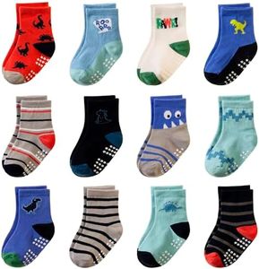 AMENLAN Toddler Non Slip Grips Socks Kids Anti Skid Baby Boys Girls Cotton Crew Socks 12 Pairs (Dinosaur B, 1-3 Years)