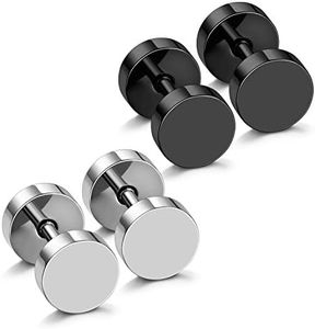 ( M04. 6mm x 2 Pairs (Black + Steel)) - JewelrieShop Black Earrings Men Dot Studs Fake Gauges Plugs Earring Stainless Steel Circle Disc Flat Back Cheater Tunnel Dumbbell Earrings Women (18g,2 Pairs,3mm-14mm,Black and Silver)