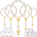 50 Packs Baptism Favors Set Includes Ivory Acrylic Rosary Beads Faux Pearls White Organza Bags with Drawstring Cross Baptism Favor Boxes with Ribbons for Christening Wedding Supplies (Gold Bracelet)