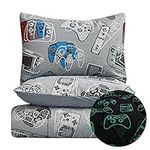 KIDS RULE 3-Piece Gamer Glow in The Dark Comforter Set, with 1 Full Bed Size Comforter and 2 Standard Pillowcase, Game Controllers Print, Blue, Grey, Gifts for Kids - Full