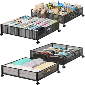 Under Bed Storage, Under the Bed Storage Containers with Wheels, Under Bed Shoe Storage Organizer Drawer, Tool-free Assembly Metal Underbed Storage Containers for Bedroom Clothes Shoes Blankets -4Pack