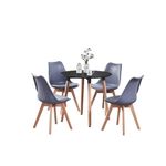 Life Interiors Round Dining Room Table Set for 4-90 cm Round Table & Dining Room Chairs Set of 4 with Cushions - PU Padded Seat w/Solid Wood Legs - Modern Round Dining Set - Blue