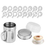 Flour Shakers with Handle Stainless Steel Container Sifter Chocolate Powder Shaker with 16 Coffee Molds Stencils for Kitchen DIY Cappuccino Sugar Cocoa Flour Latte Coffee