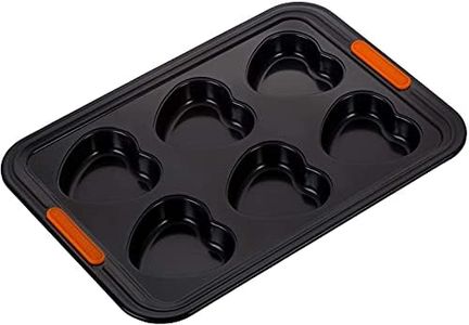 Le Creuset Molde antiadherente para 6 muffins corazón, Libre de PFOA, Resistente a ácidos, Revestimiento de acero al carbono, Gris y Naranja
