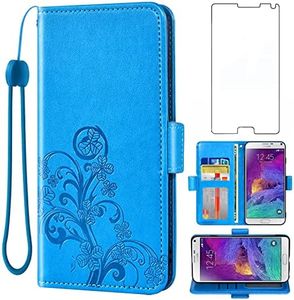 Asuwish Compatible with Samsung Galaxy Note 4 Wallet Case and Tempered Glass Screen Protector Flip Wrist Strap Card Holder Cell Phone Cover for Glaxay Note4 Gaxaly N910A Not Notes Four Women Men Blue