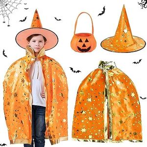 ACTOYS Costume Halloween Enfant, Cape de Sorcier Avec Chapeau et Citrouille Sac de Bonbons, Cape Halloween Enfant, Deguisement Halloween Cosplay Costume pour Enfants Garcons Filles (Orange)