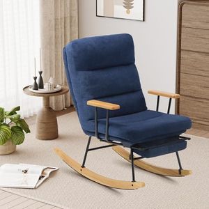 Rocking Chair with Footrest-Glider Rocker Chair with Retractable Footrest and Adjustable Backrest, Teddy Upholstered Rocking Chair, Modern Accent Chair for Living Room/Nursery/Bedroom/Outdoor-Blue