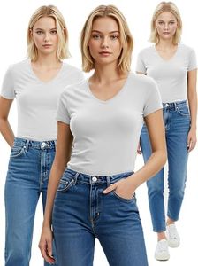 Emmalise Women's Short Sleeve T Shirt V Neck Tee Value Set (3Pk, 3 White, 1XL)