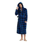 Vulcanodon Mens Robe with Hood, Fleece Bathrobe Plush Robes for Men, A01buffalo Plaid-royal Blue, Large-X-Large