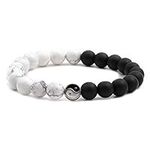 MENGLINA Fashion Men Women Taiji Yin Yang Feng Shui Charm Bracelet Natural White Turquoise and Black Beaded Couple Bracelets Friendship Distance Bracelet Jewelry, Stone