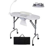 Updated Manicure Nail Table on Wheels with Built-in Dust Collector, Portable LED Table Lamp, Carry Bag for Home Spa Beauty Salon Workstation, Adjustable Height, White