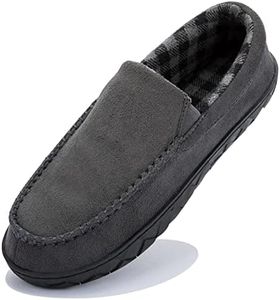 NewDenBer Men's Moccasin Slippers Warm Memory Foam Suede Plush Shearling Lined Slip on Indoor Outdoor House Shoes, Dark Grey, 9