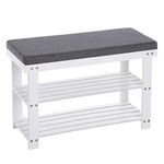 SONGMICS Bamboo Shoe Bench, 2-Tier Shoe Rack, 11.4 x 28 x 19.3 Inches, White and Gray ULBS604W01